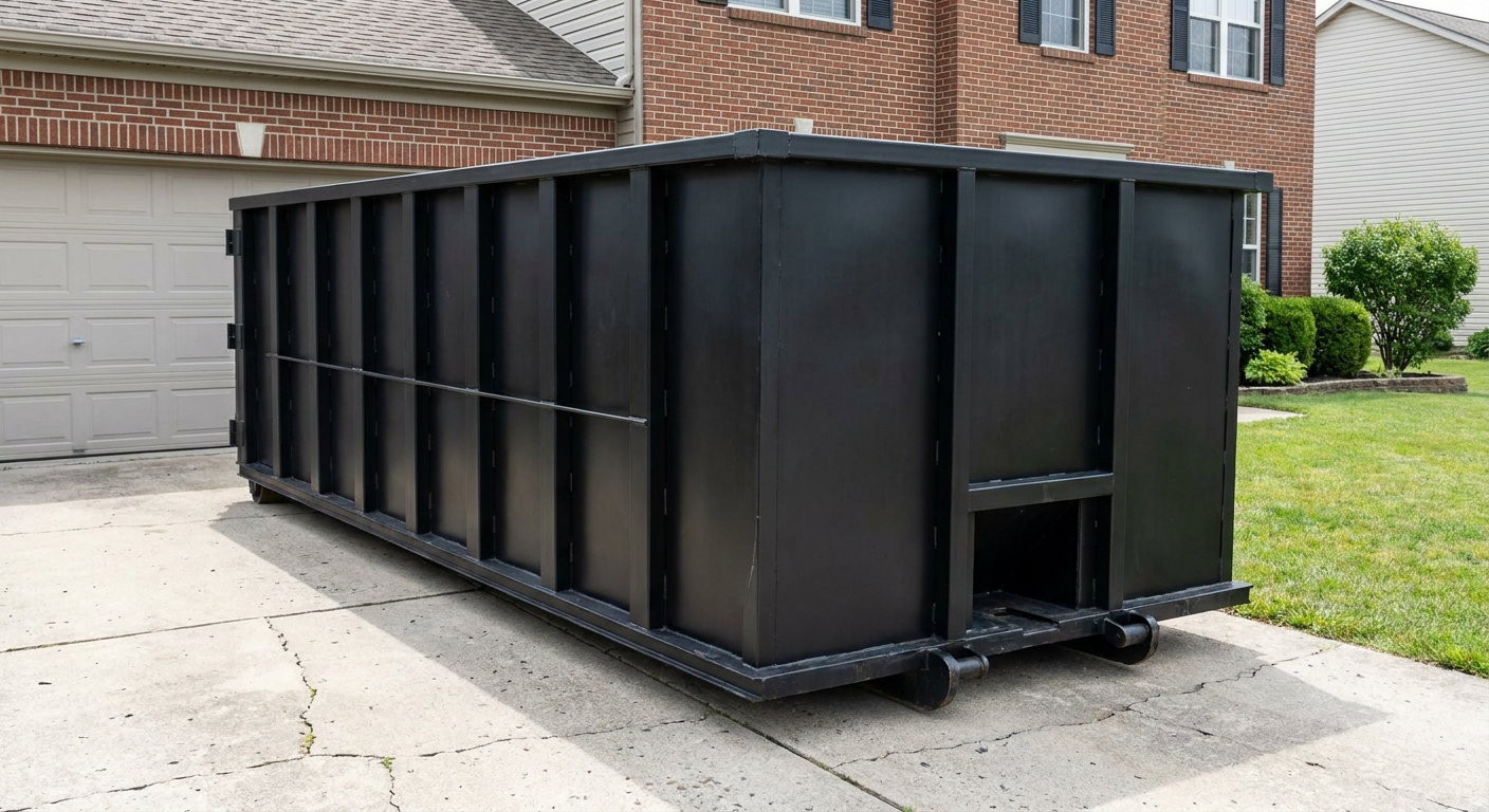 Matte-black 20-yard roll-off container on a Smithfield residential concrete driveway with reinforced ribbed steel sidewalls and a hinged rear walk-in door, clean bright daylight.