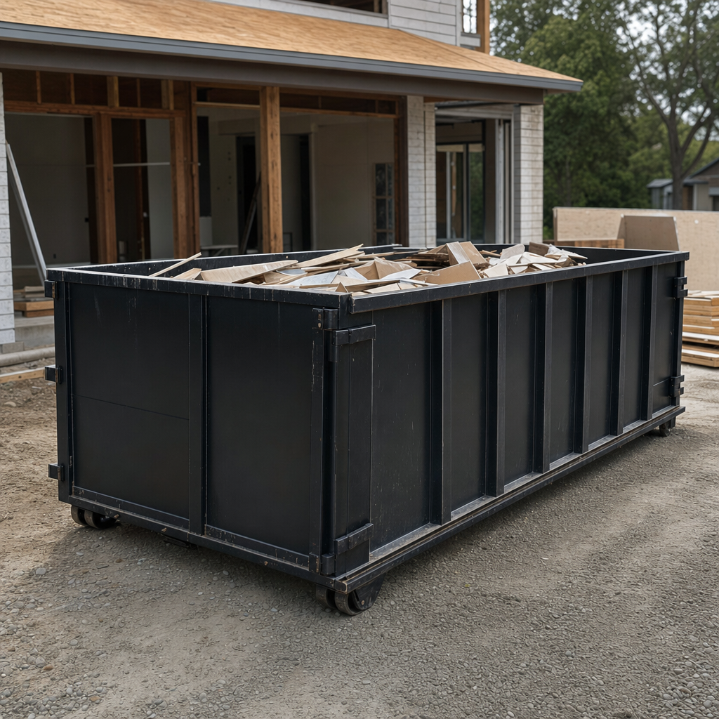 Large matte-black 30-yard construction roll-off dumpster at an active Smithfield jobsite, steel-gray top rails and bottom rollers visible, loaded with construction debris.