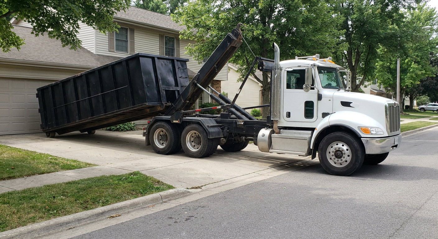 White-cab hooklift roll-off truck actively lowering a matte-black dumpster onto a Smithfield residential concrete driveway, the dumpster's rear wheels touching the driveway as the hoist arm tilts the bed forward, mid-morning daylight.